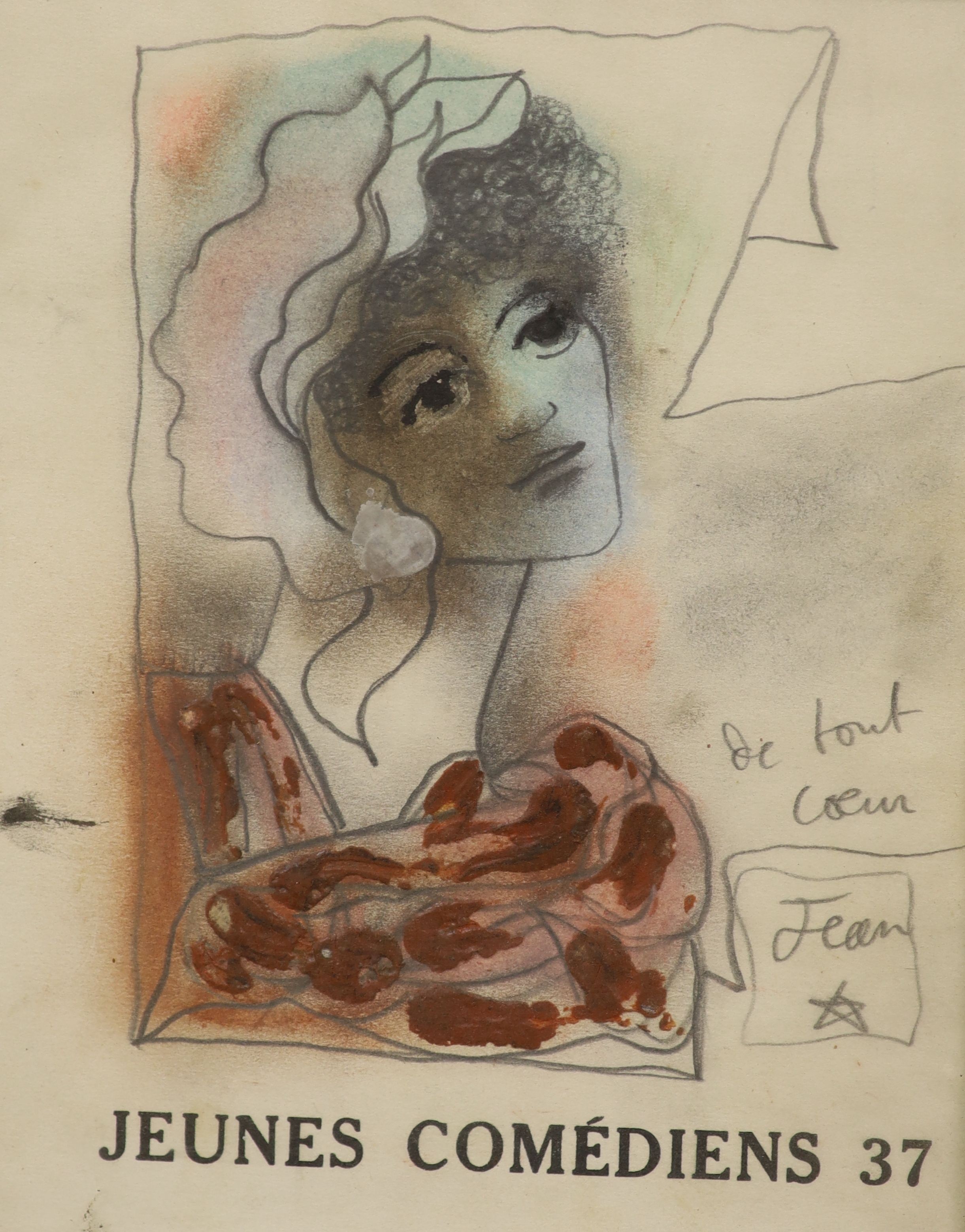 Modigliani, etching, Head study, signed in the plate, 15.5 x 12cm and an overpainted print after Jean Cocteau, Jeunes Comediens 37, bears signature, 24 x 19.5cm